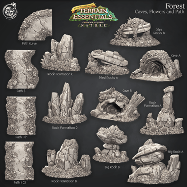 3D Printed Cast n Play Caves, Flowers and Path Forest Terrain Set Terrain Essentials Nature 28mm 32mm D&D (Online Only)