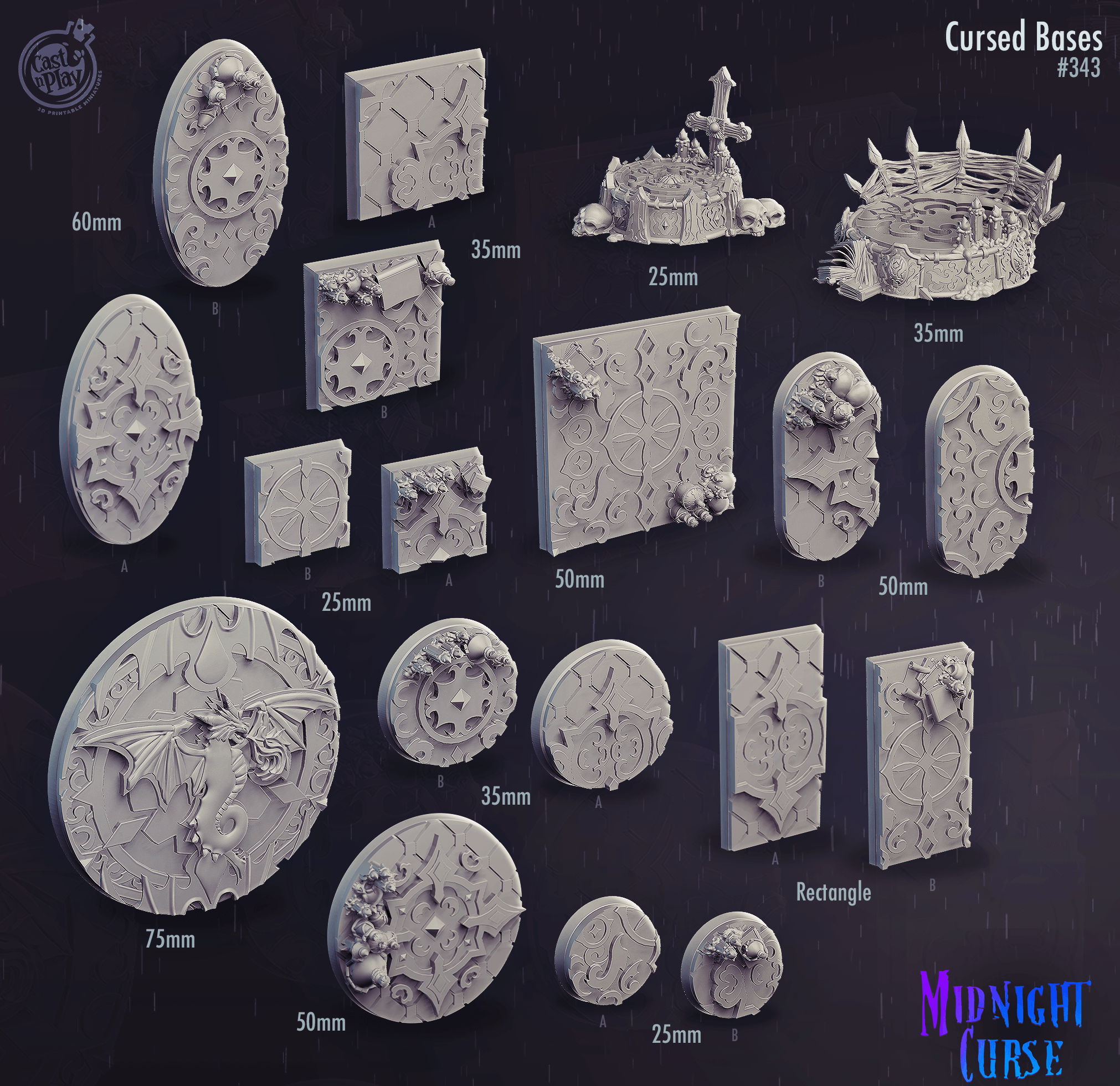 3D Printed Cast n Play Cursed Bases Set 28mm 32mm D&D (Online Only)