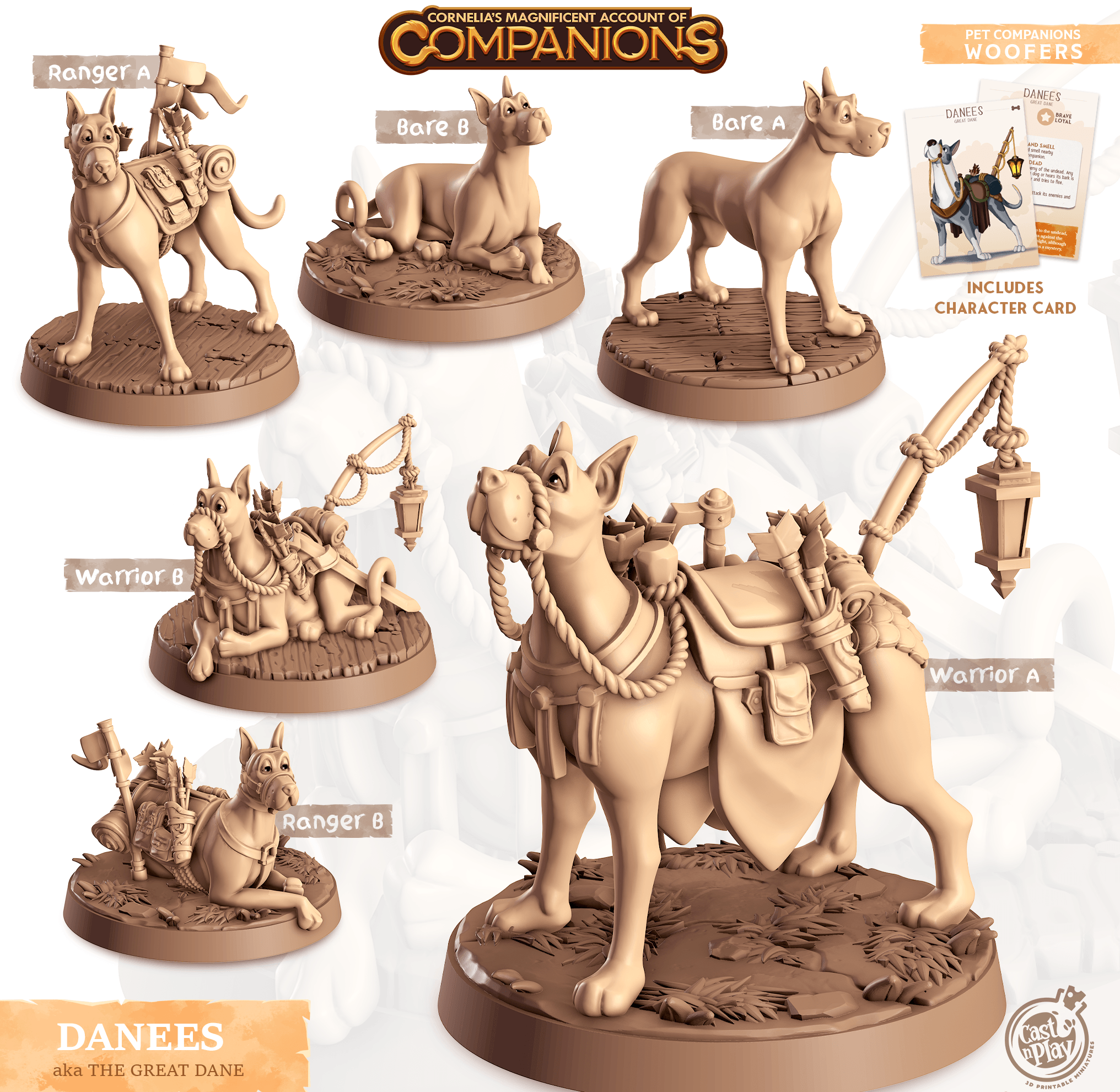 3D Printed Cast n Play Danees - Great Dane Companions 28mm 32mm D&D (Online Only)