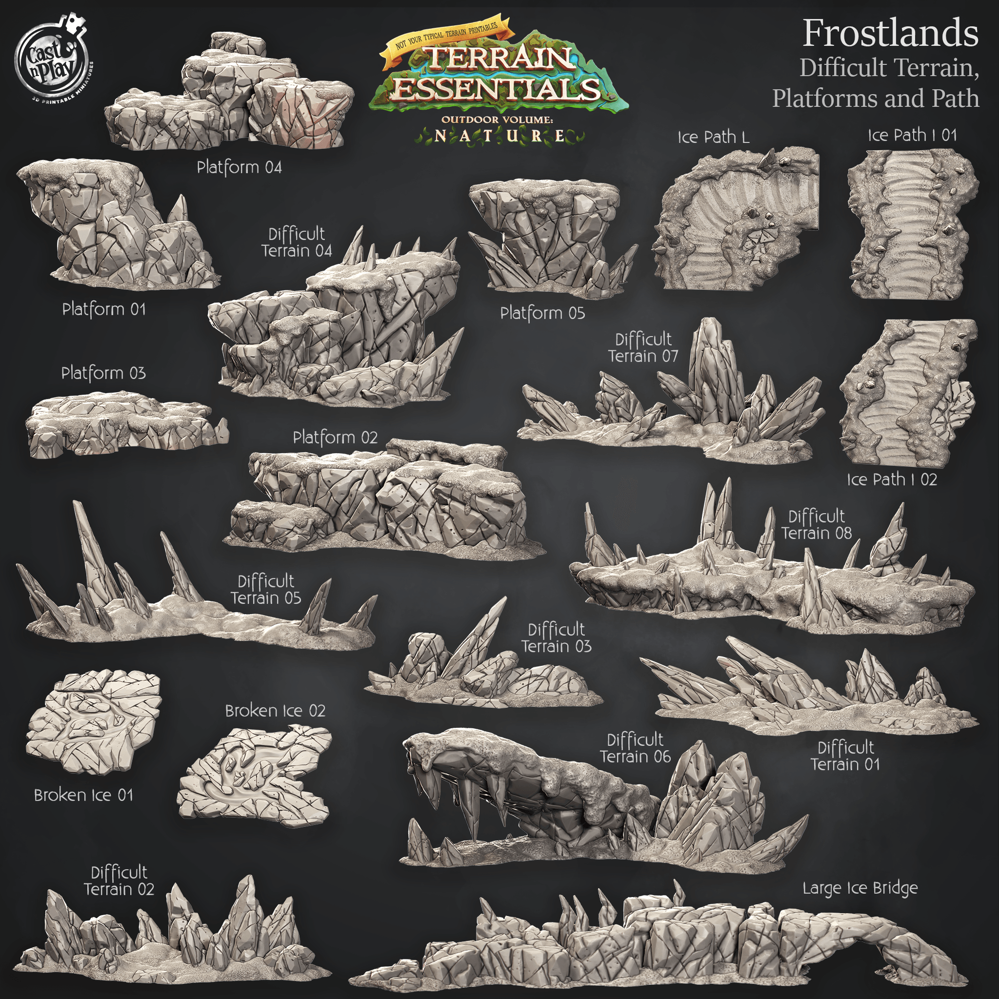 3D Printed Cast n Play Difficult Terrain, Platforms and Path Frostlands Terrain Set Terrain Essentials Nature 28mm 32mm D&D (Online Only)