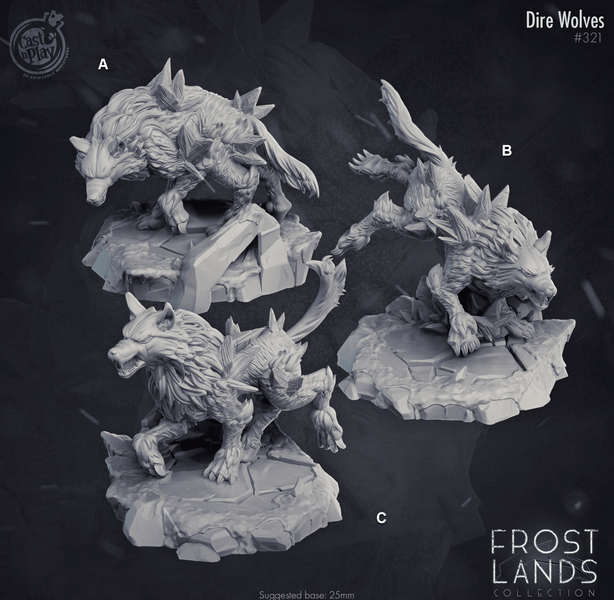 3D Printed Cast n Play Dire Wolves Frost Lands 28mm 32mm D&D (Online Only)