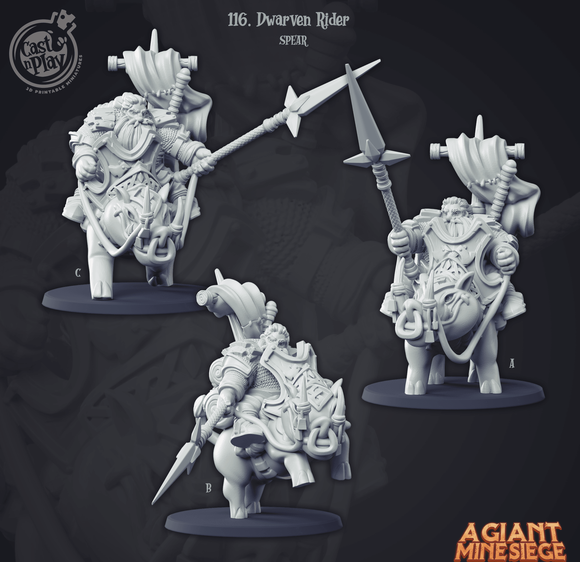 3D Printed Cast n Play Dwarven Rider Spear Set A Giant Mine Siege 28mm 32mm D&D (Online Only)