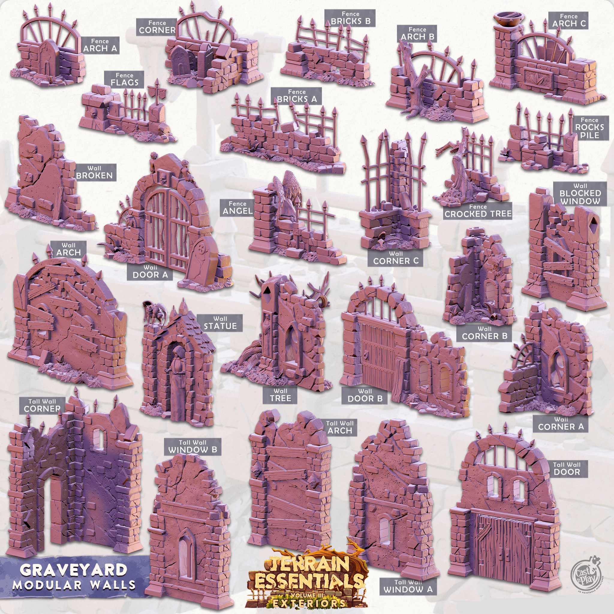3D Printed Cast n Play Graveyard - Modular Walls Graveyard Set 28mm 32mm D&D (Online Only)