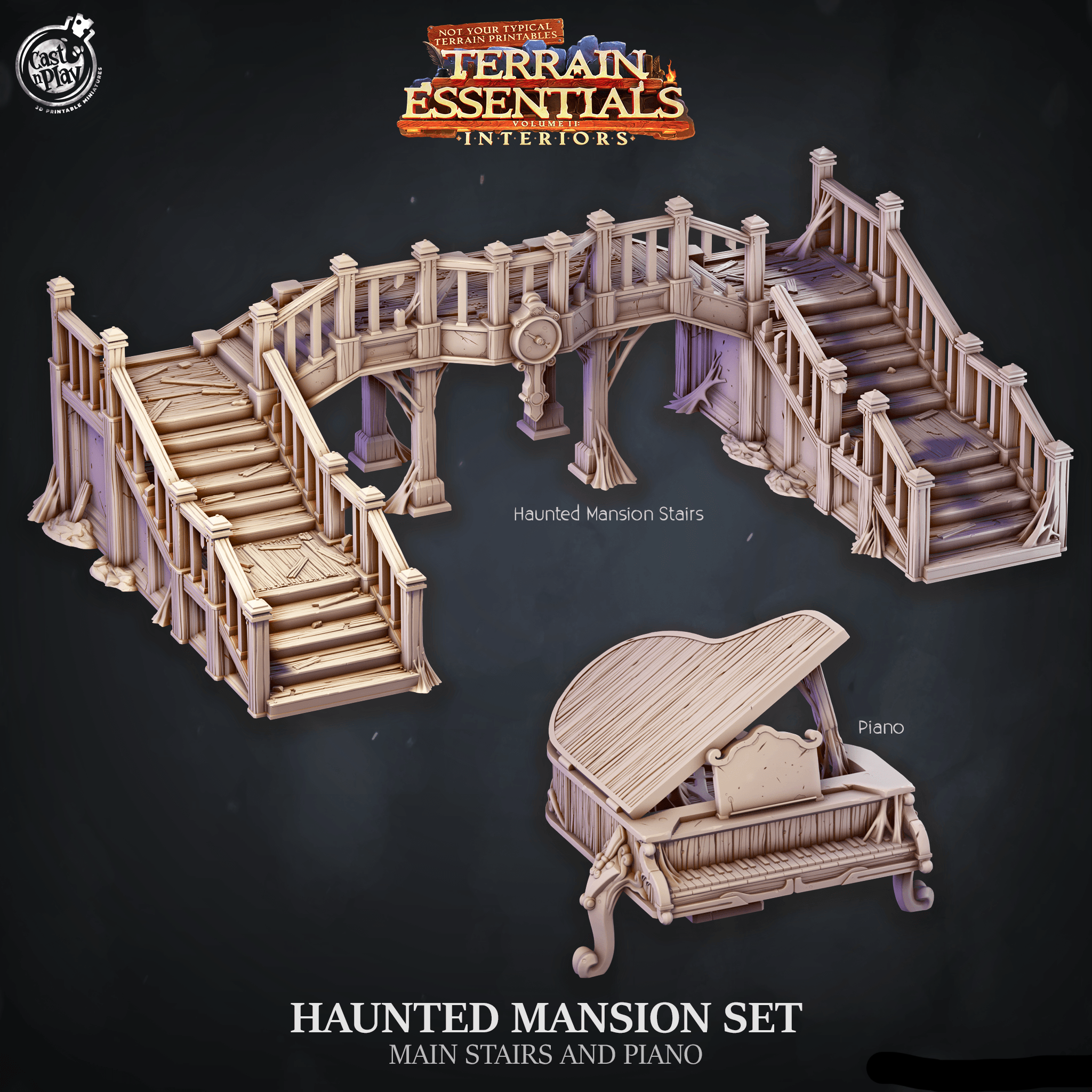 3D Printed Cast n Play Haunted Mansion Stairs and Piano Terrain Essentials 28mm 32mm D&D (Online Only)