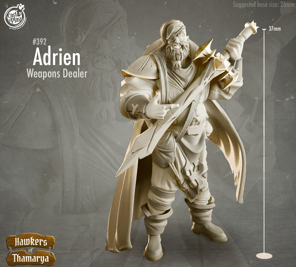 3D Printed Cast n Play Hawkers of Thamarya - Adrien the Weapons Dealer 28mm 32mm D&D (Online Only)