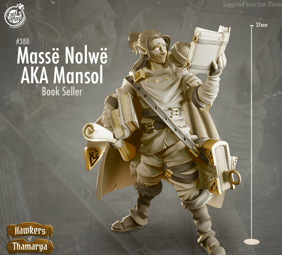 3D Printed Cast n Play Hawkers of Thamarya - Mansol Masse Nolwe Book Seller 28mm 32mm D&D (Online Only)
