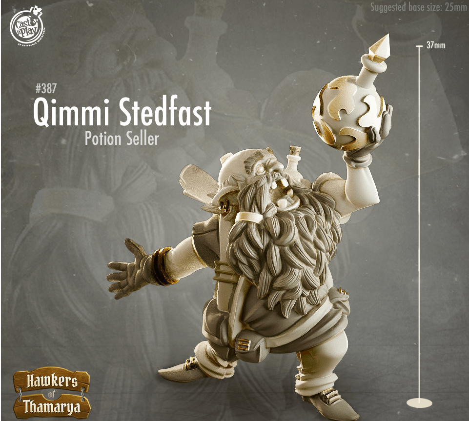 3D Printed Cast n Play Hawkers of Thamarya - Qimmi Stedfast Potion Seller 28mm 32mm D&D (Online Only)