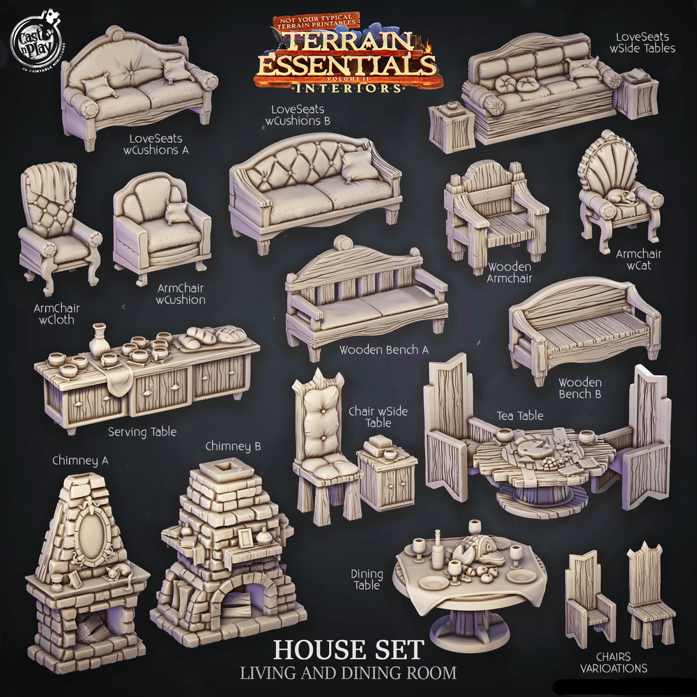 3D Printed Cast n Play House Set Living and Dining Room Terrain Essentials 28mm 32mm D&D (Online Only)