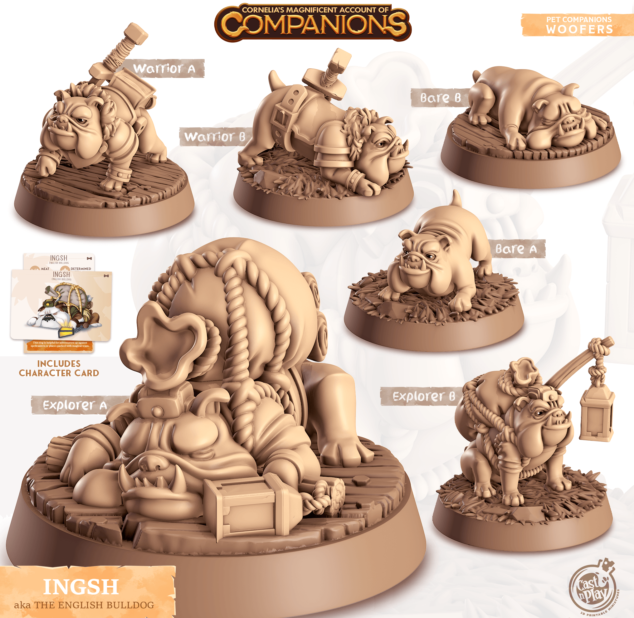 3D Printed Cast n Play Ingsh - English Bulldog Companions 28mm 32mm D&D (Online Only)