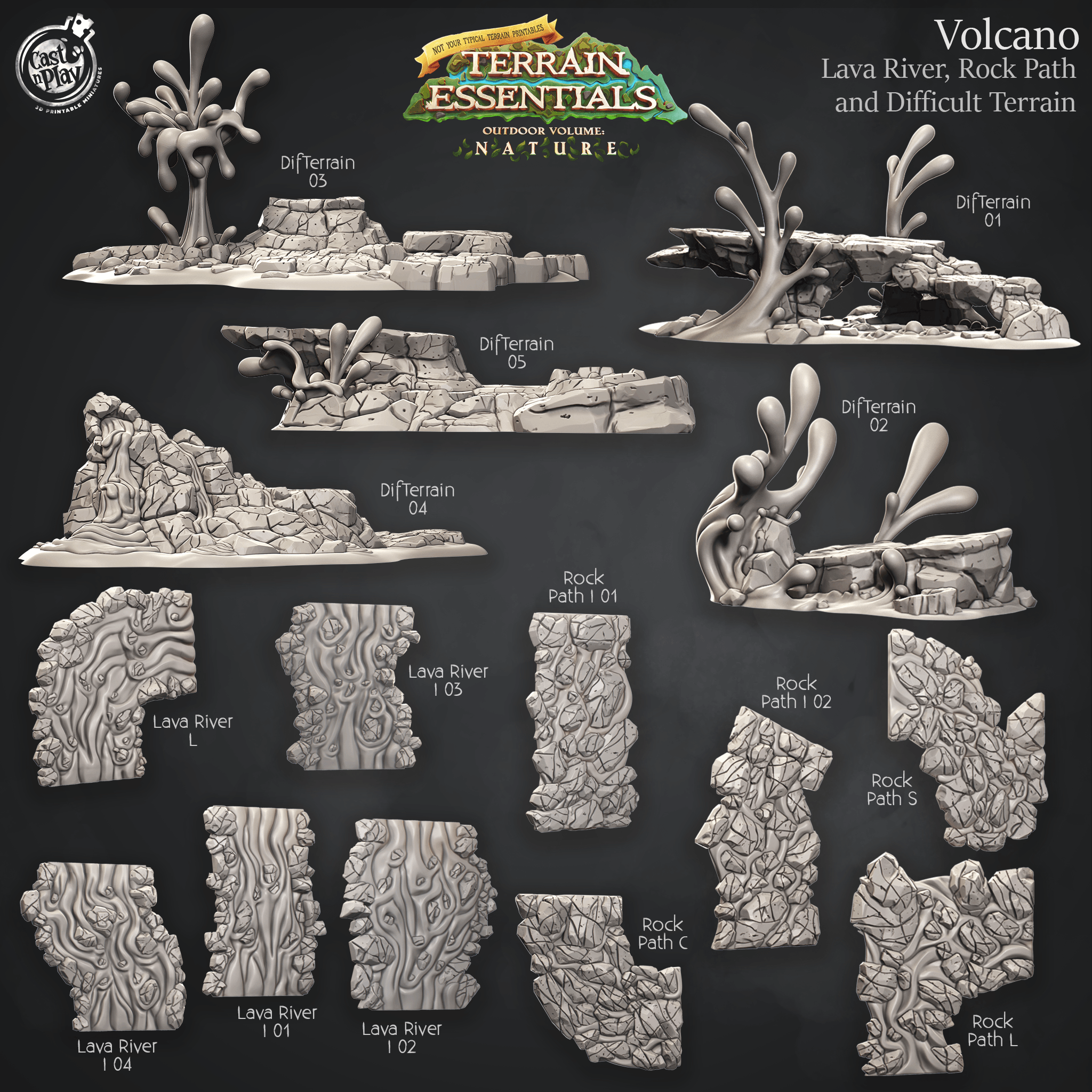 3D Printed Cast n Play Lava River, Rock Path and Difficult Terrain Volcano Terrain Set Terrain Essentials Nature 28mm 32mm D&D (Online Only)