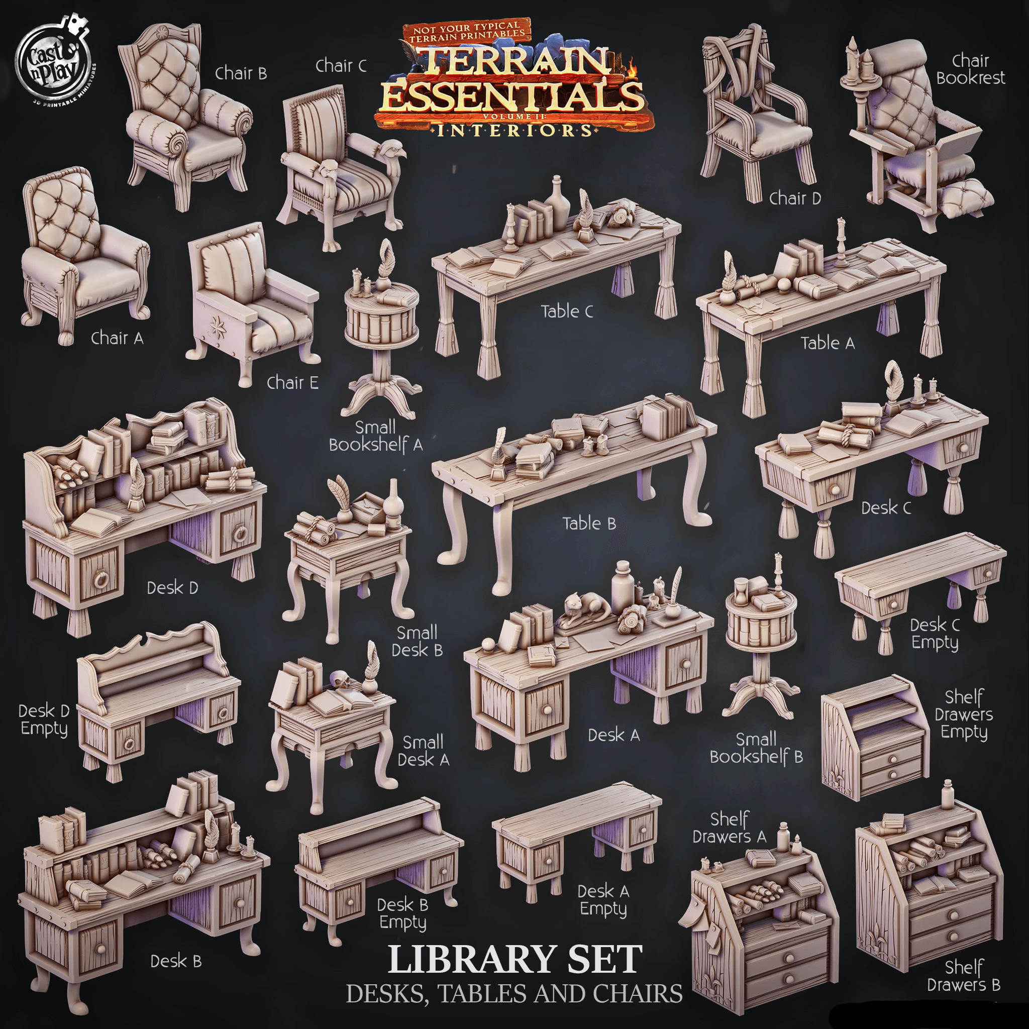 3D Printed Cast n Play Library Desks Tables and Chairs Terrain Essentials 28mm 32mm D&D (Online Only)