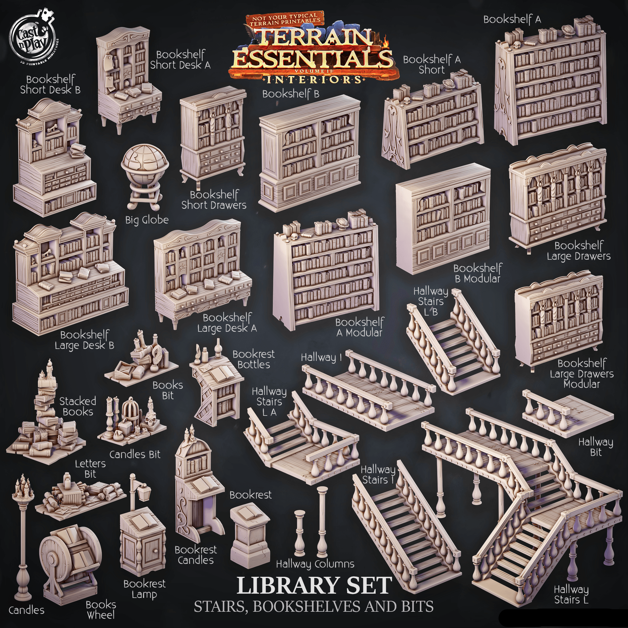 3D Printed Cast n Play Library Stairs, Bookshelves and Bits Terrain Essentials 28mm 32mm D&D (Online Only)