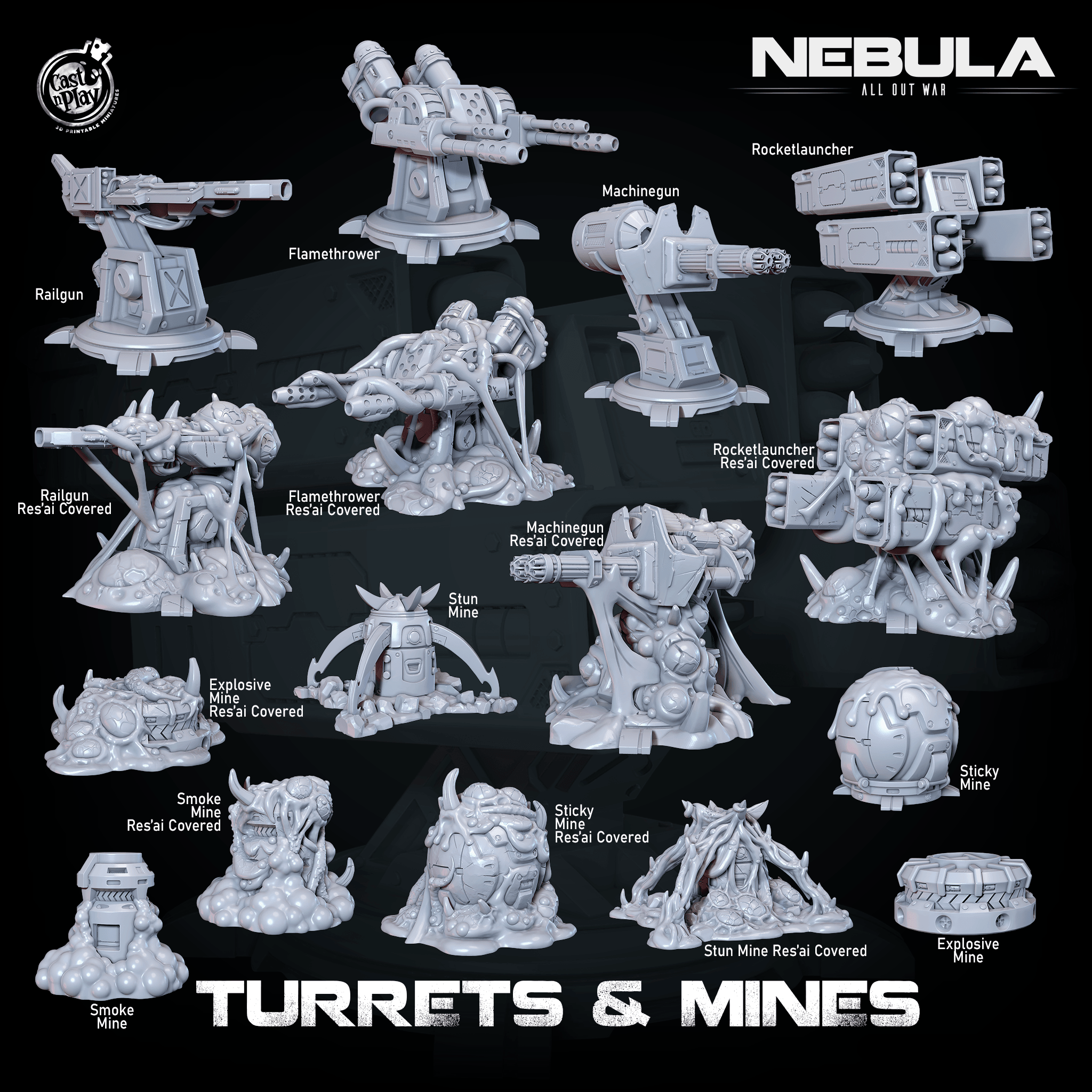 3D Printed Cast n Play Mines And Turrets Nebula All Out War 28mm 32mm D&D (Online Only)