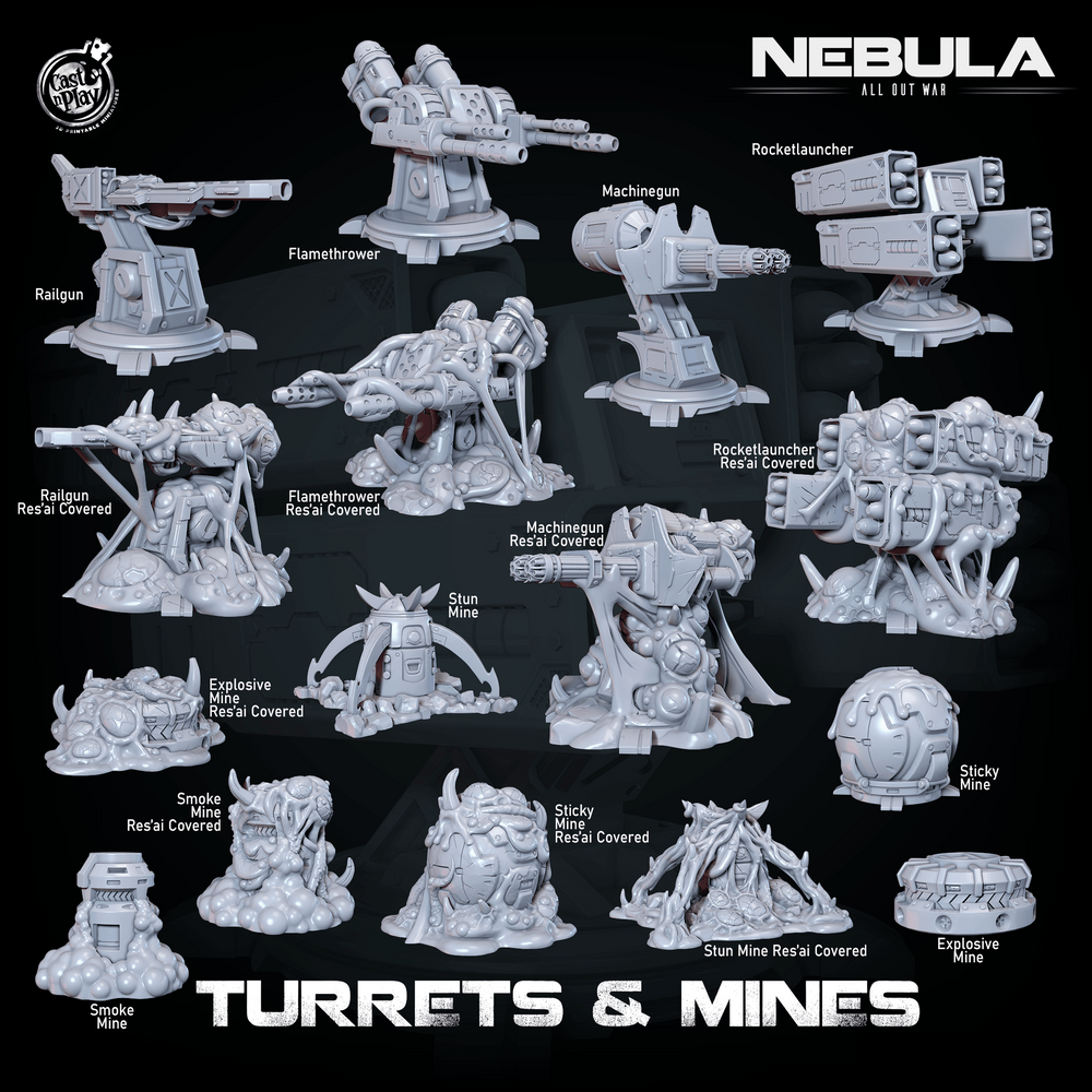 3D Printed Cast n Play Mines And Turrets Nebula All Out War 28mm 32mm D&D (Online Only)