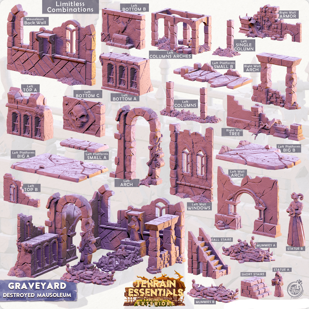 3D Printed Cast n Play Modular Destroyed Mausoleum Graveyard Set 28mm 32mm D&D (Online Only)