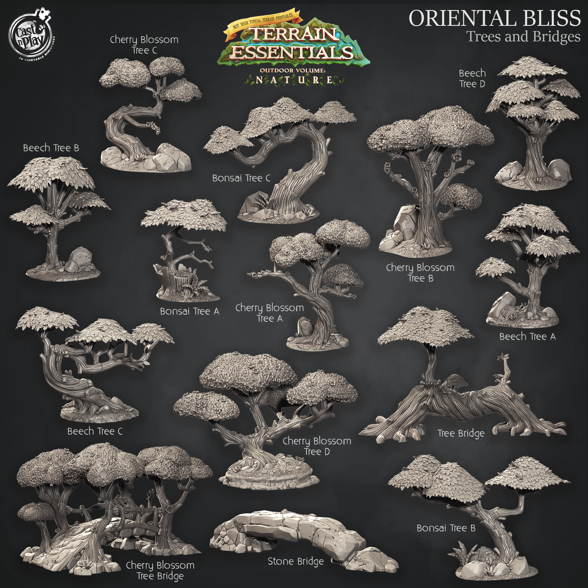 3D Printed Cast n Play Oriental Bliss Trees and Bridges Terrain Set Terrain Essentials Nature 28mm 32mm D&D (Online Only)