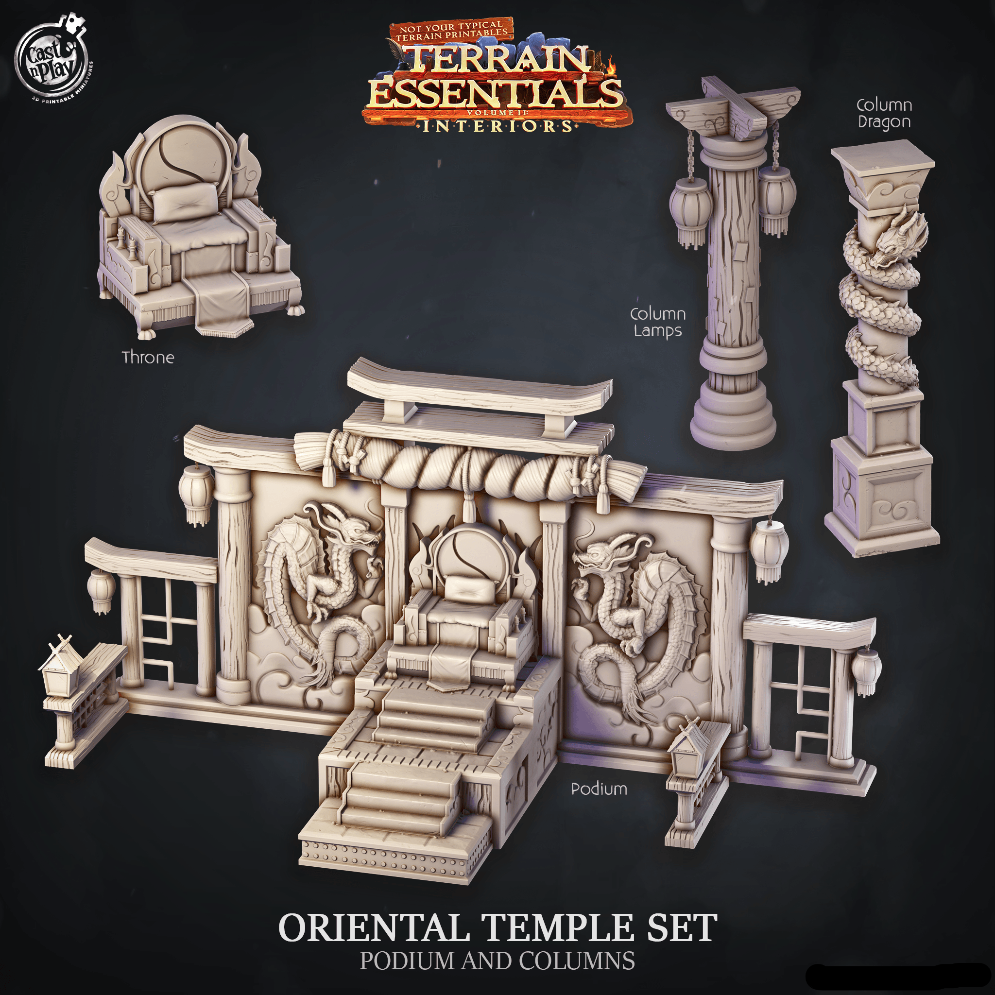 3D Printed Cast n Play Oriental Temple Podium and Columns Terrain Essentials 28mm 32mm D&D (Online Only)