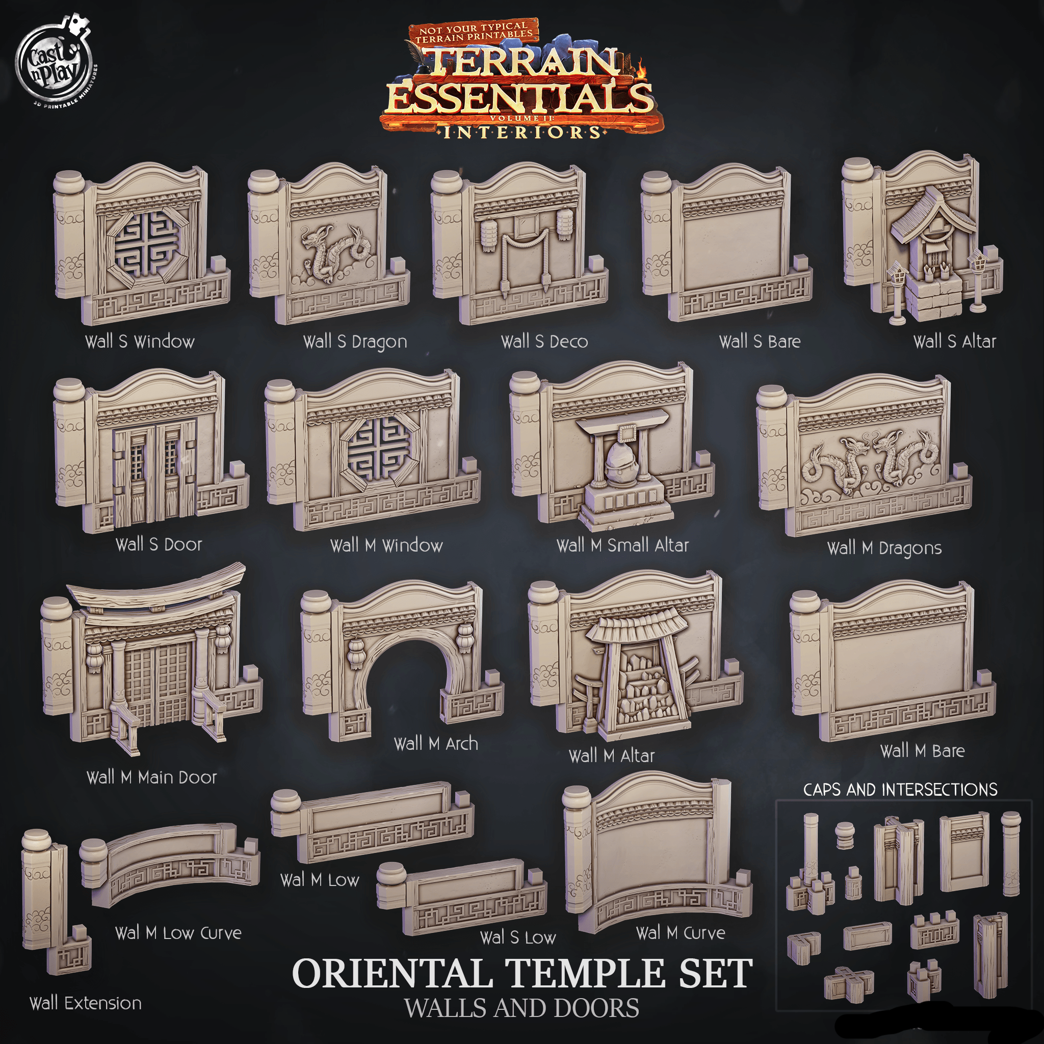 3D Printed Cast n Play Oriental Temple Walls and Doors Terrain Essentials 28mm 32mm D&D (Online Only)