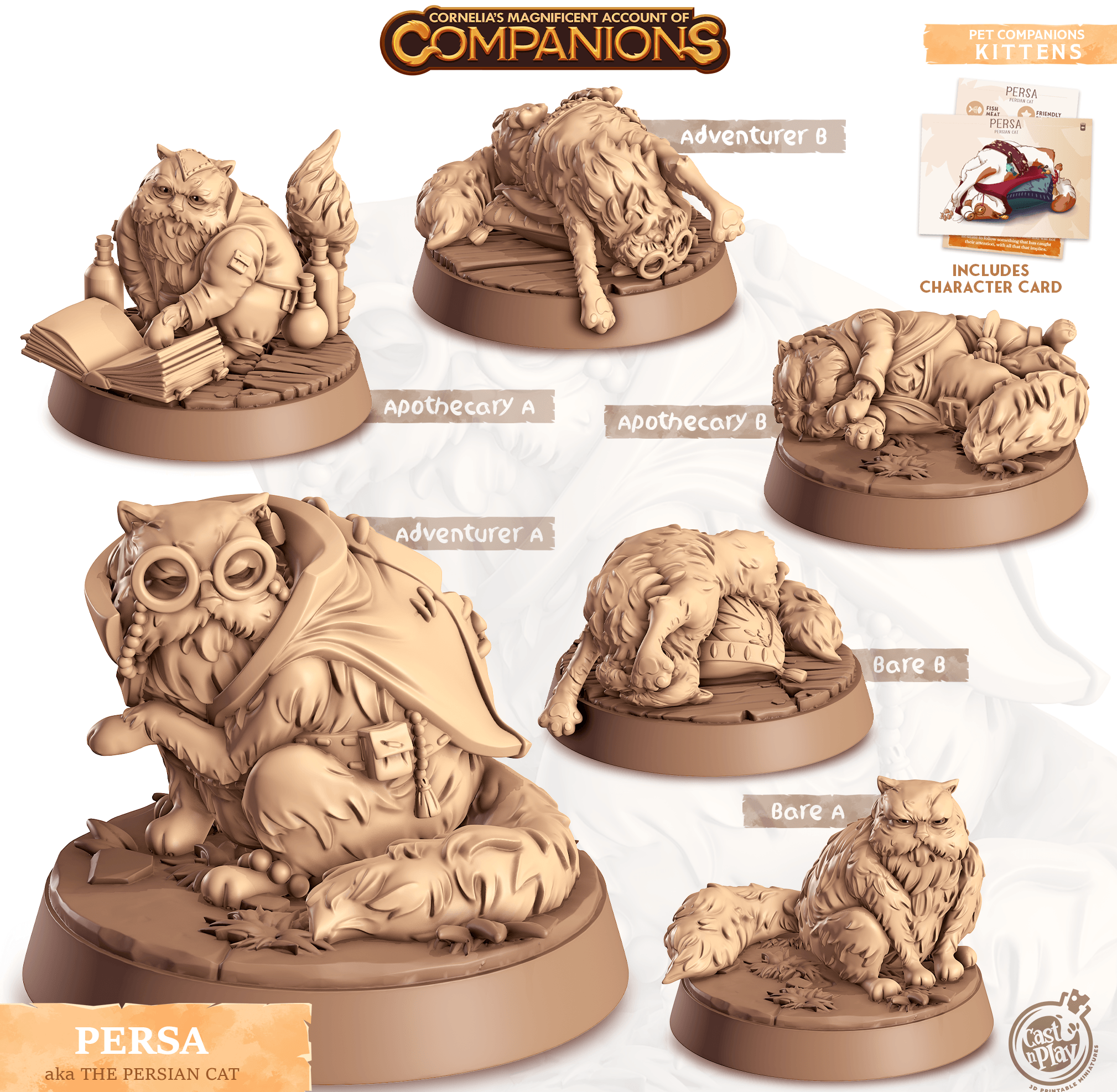 3D Printed Cast n Play Persa - Persian Cat Companions 28mm 32mm D&D (Online Only)