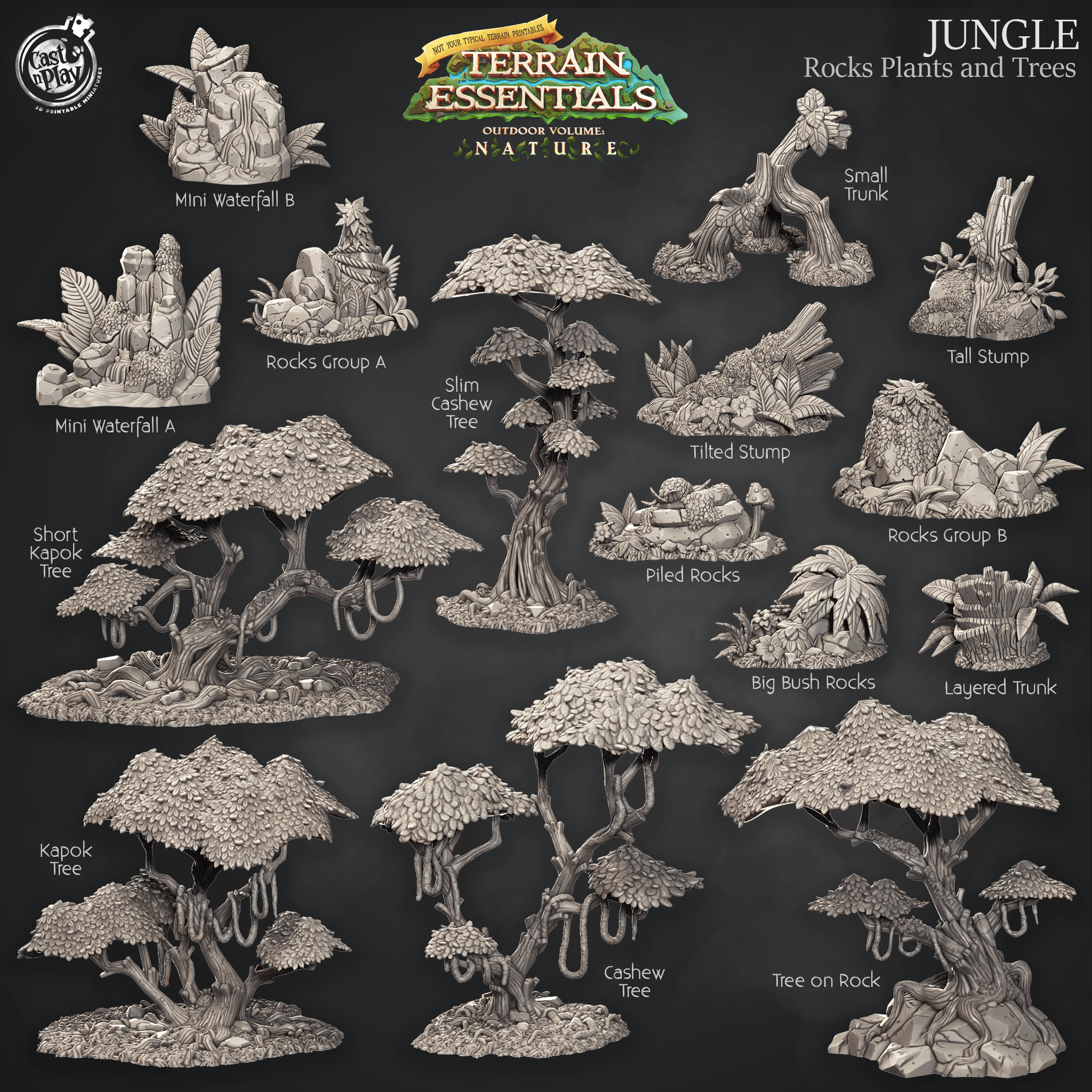 3D Printed Cast n Play Rocks Plants and Trees Jungle Terrain Set Terrain Essentials Nature 28mm 32mm D&D (Online Only)