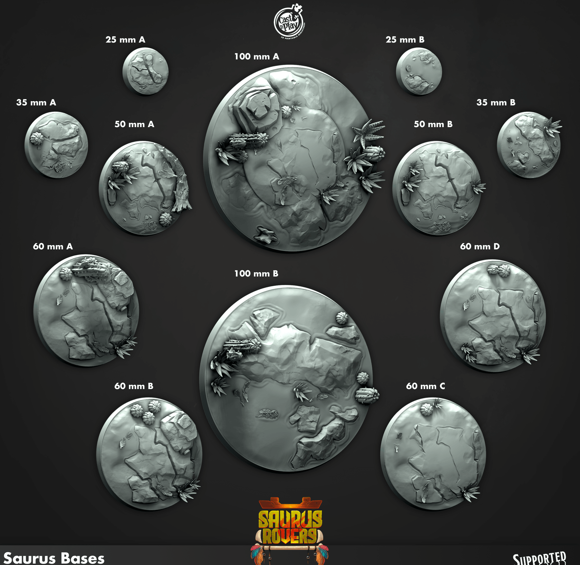 3D Printed Cast n Play Saurus Bases Saurus Rovers Set 28mm 32mm D&D (Online Only)