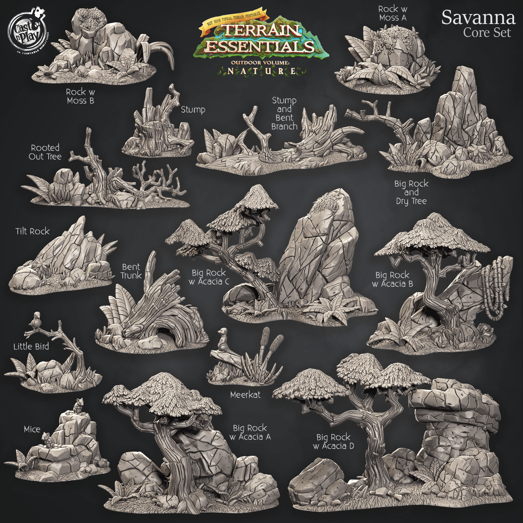 3D Printed Cast n Play Savanna Core Set Savanna Terrain Set Terrain Essentials Nature 28mm 32mm D&D (Online Only)