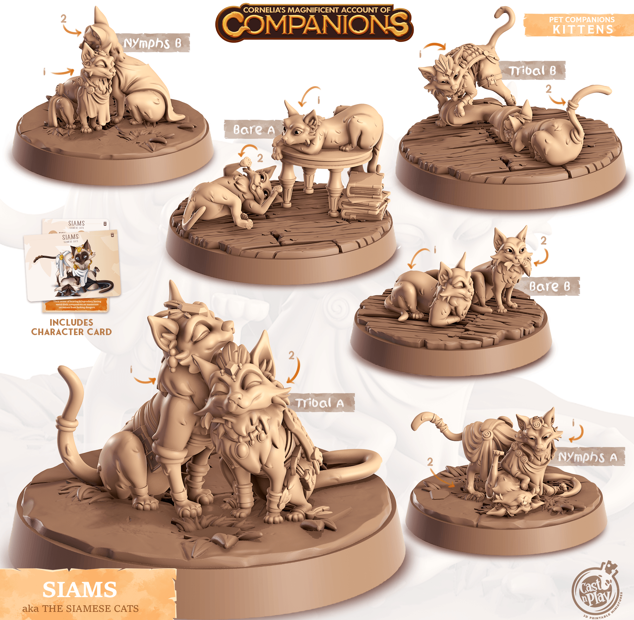 3D Printed Cast n Play Siams - Siamese Cats Companions 28mm 32mm D&D (Online Only)