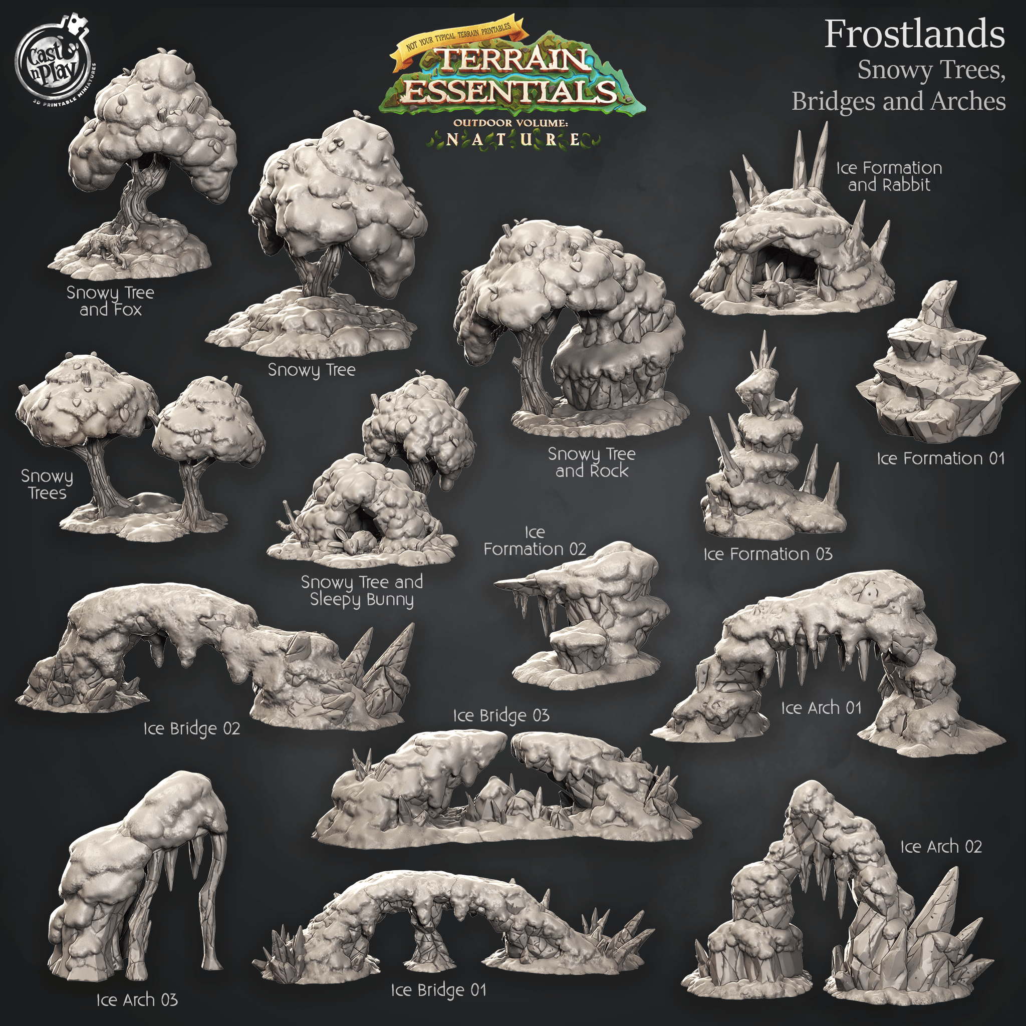 3D Printed Cast n Play Snowy Trees, Bridges and Arches Frostlands Terrain Set Terrain Essentials Nature 28mm 32mm D&D (Online Only)