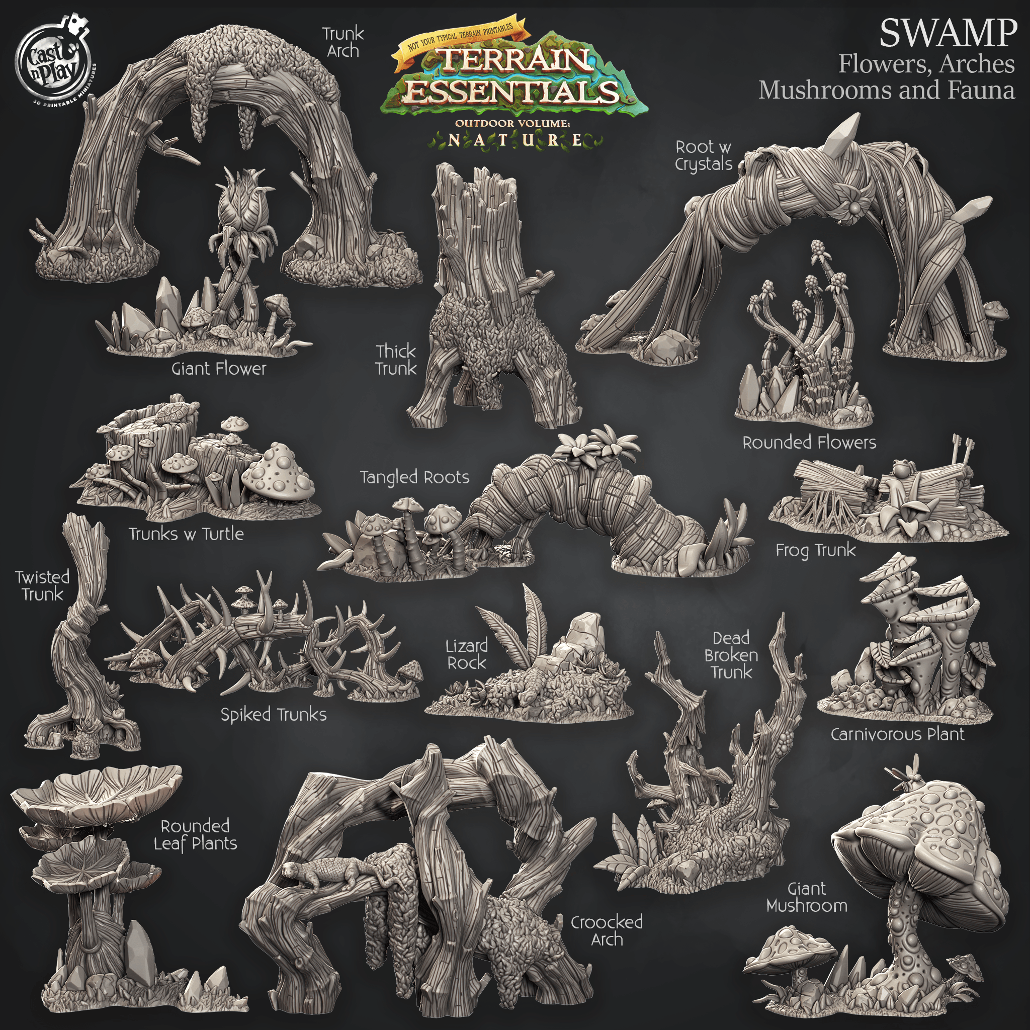 3D Printed Cast n Play Swamp Terrain Flowers, Arches, Mushrooms and Fauna Set Terrain Essentials Nature 28mm 32mm D&D (Online Only)