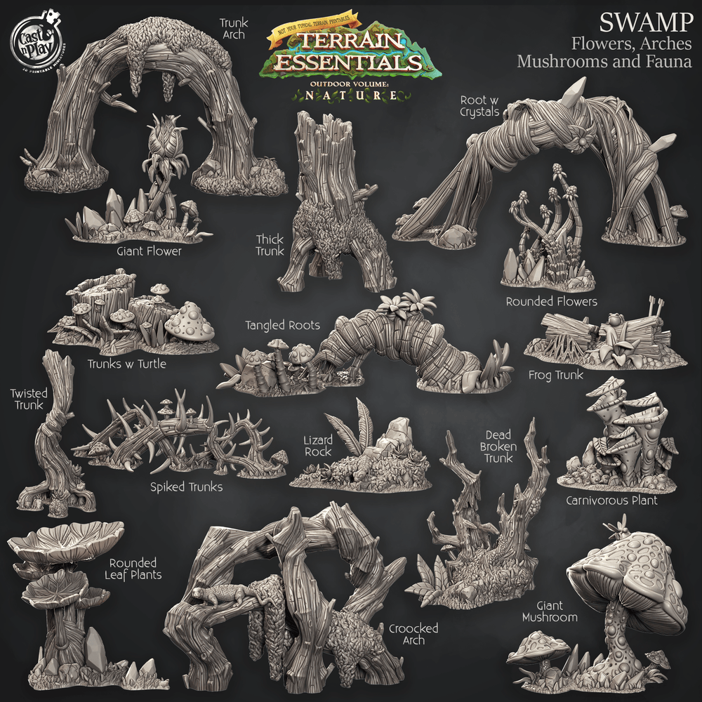 3D Printed Cast n Play Swamp Terrain Flowers, Arches, Mushrooms and Fauna Set Terrain Essentials Nature 28mm 32mm D&D (Online Only)