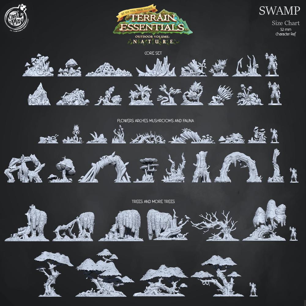 3D Printed Cast n Play Swamp Terrain Flowers, Arches, Mushrooms and Fauna Set Terrain Essentials Nature 28mm 32mm D&D (Online Only)