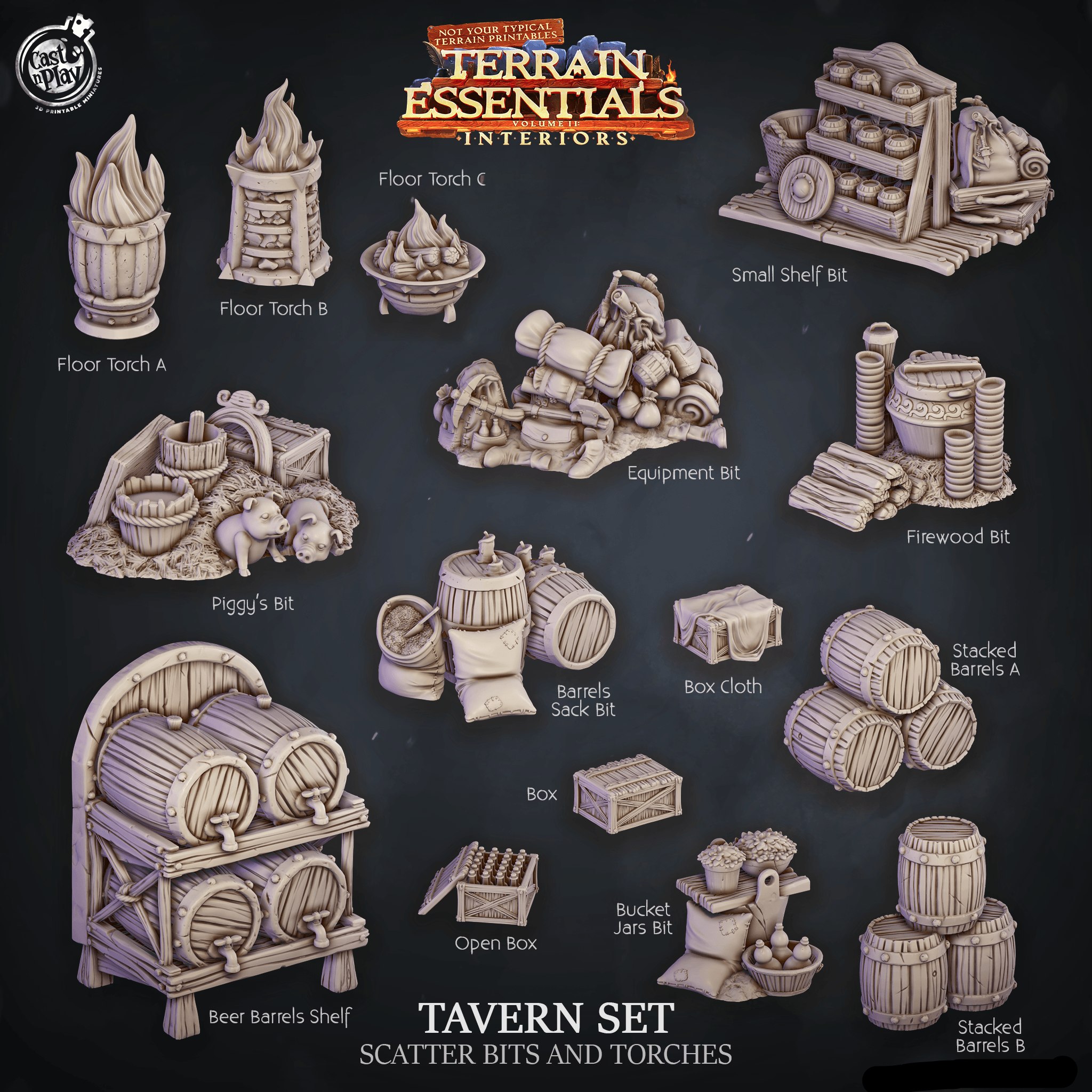3D Printed Cast n Play Tavern Scatter Bits and Torches Terrain Essentials 28mm 32mm D&D (Online Only)