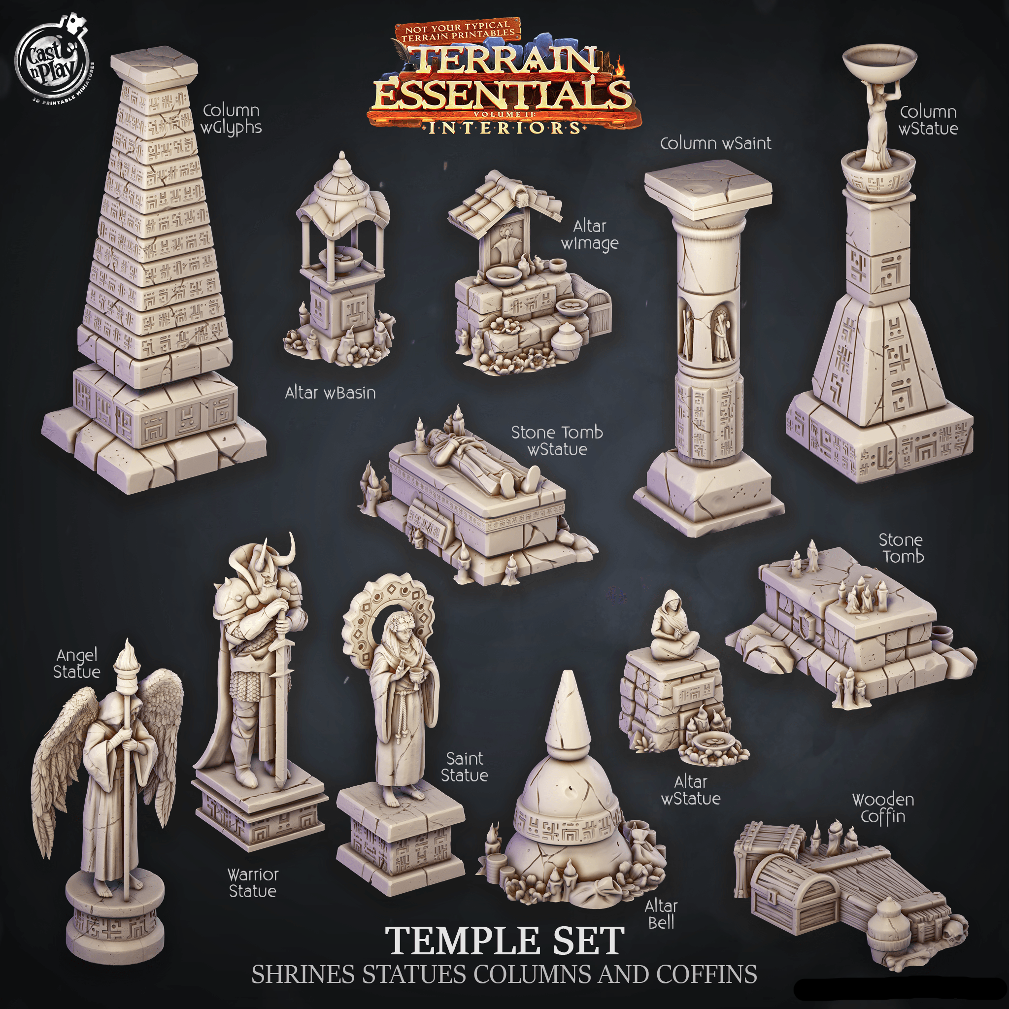 3D Printed Cast n Play Temple Shrines, Statues, Columns and Coffins Terrain Essentials 28mm 32mm D&D (Online Only)