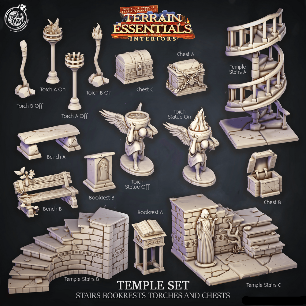 3D Printed Cast n Play Temple Stairs, Bookrests, Torches and Chests Terrain Essentials 28mm 32mm D&D (Online Only)