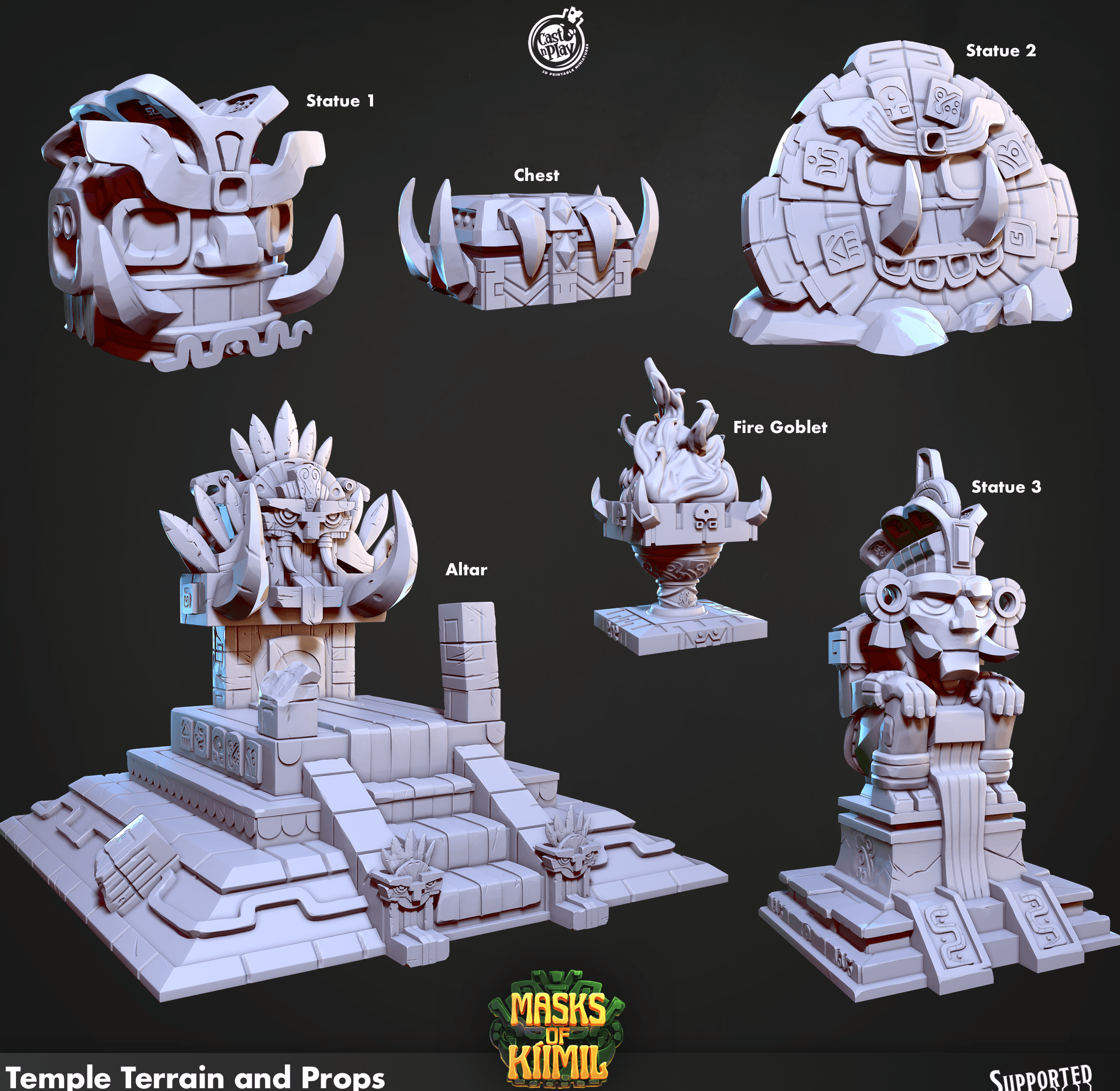 3D Printed Cast n Play Temple Terrain and Props Masks of Kiimil 28 32mm D&D (Online Only)