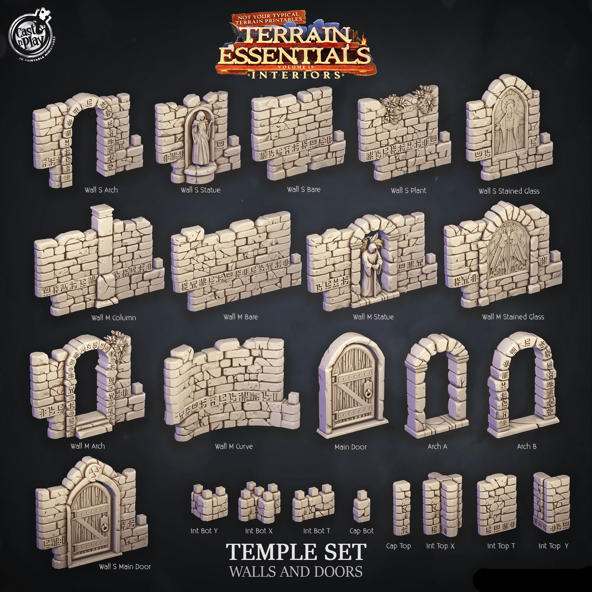 3D Printed Cast n Play Temple Walls and Doors Terrain Essentials 28mm 32mm D&D (Online Only)