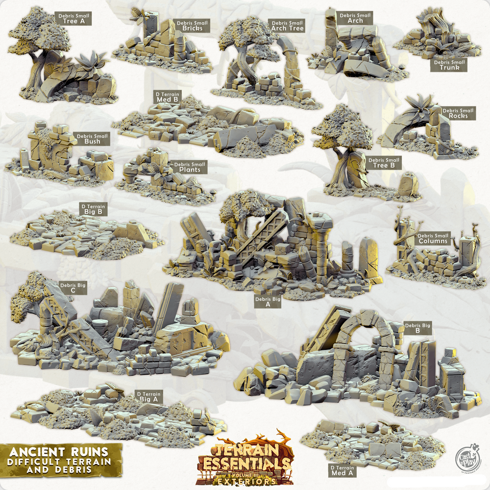 3D Printed Cast n Play Terrain Essentials Exteriors - Ancient Ruins Debris and Difficult Terrain Set 28mm 32mm D&D (Online Only)