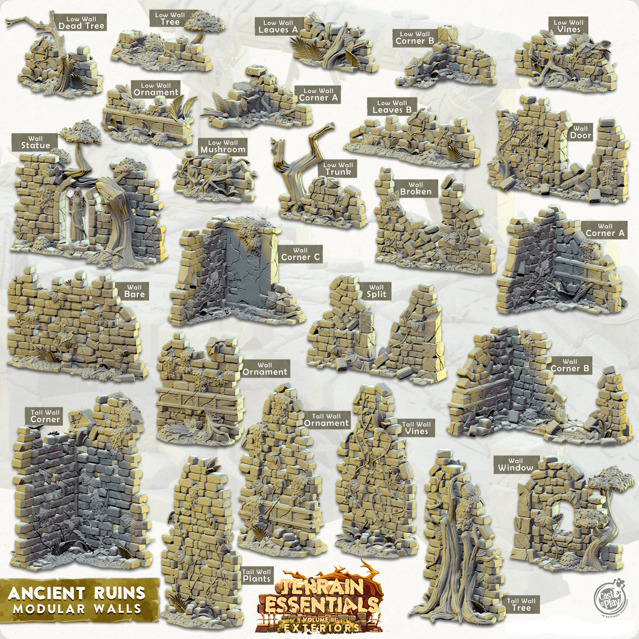 3D Printed Cast n Play Terrain Essentials Exteriors - Ancient Ruins Modular Walls Set 28mm 32mm D&D (Online Only)