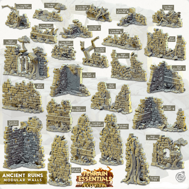 3D Printed Cast n Play Terrain Essentials Exteriors - Ancient Ruins Modular Walls Set 28mm 32mm D&D (Online Only)