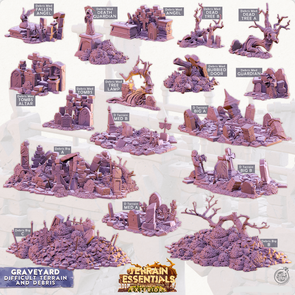 3D Printed Cast n Play Terrain Essentials Exteriors - Graveyard Difficult Terrain and Debris Set 28mm 32mm D&D (Online Only)
