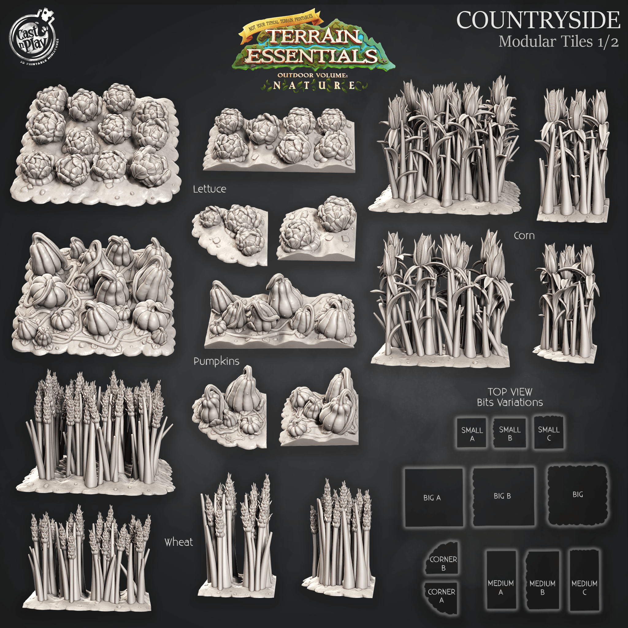3D Printed Cast n Play Terrain Essentials Nature Meadows & Countryside Terrain - Countryside Modular Tiles Set 28mm 32mm D&D (Online Only)