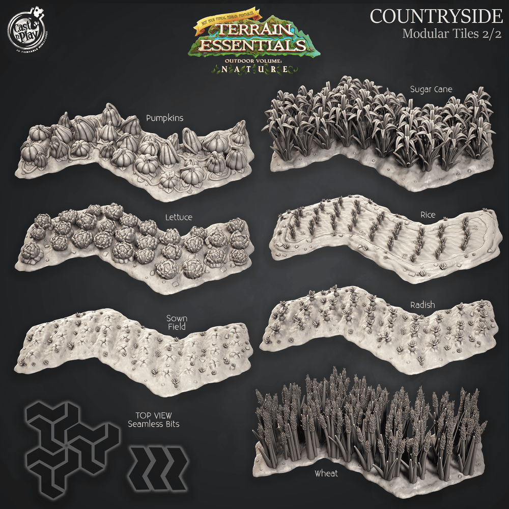 3D Printed Cast n Play Terrain Essentials Nature Meadows & Countryside Terrain - Countryside Modular Tiles Set 28mm 32mm D&D (Online Only)
