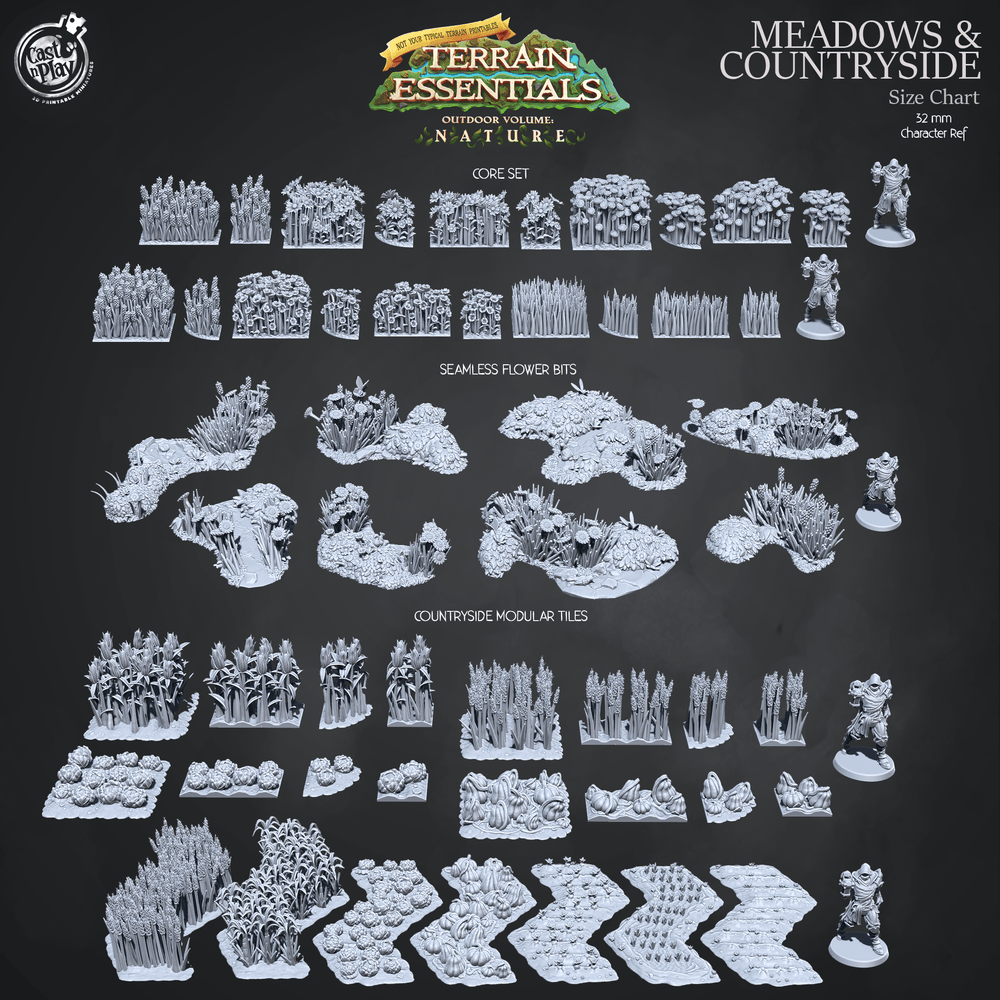 3D Printed Cast n Play Terrain Essentials Nature Meadows & Countryside Terrain - Countryside Modular Tiles Set 28mm 32mm D&D (Online Only)