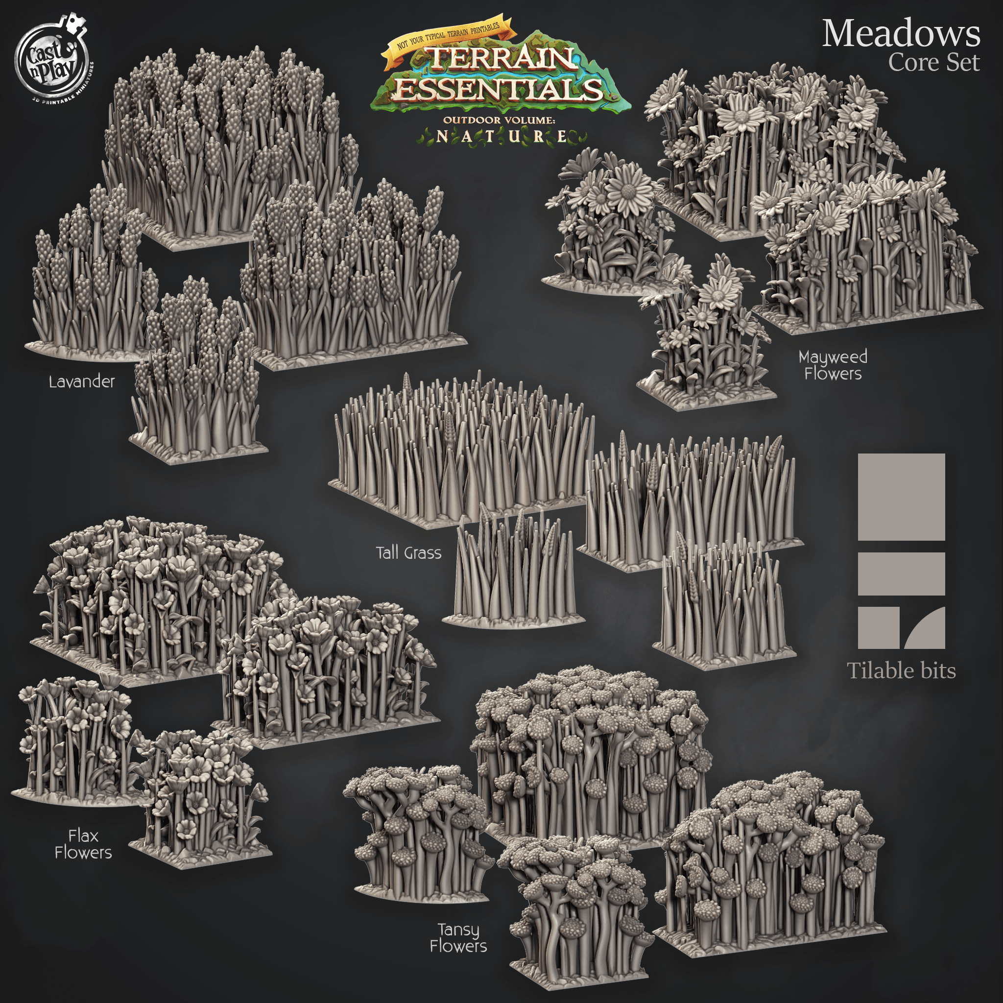 3D Printed Cast n Play Terrain Essentials Nature Meadows & Countryside Terrain - Meadows Core Set 28mm 32mm D&D (Online Only)