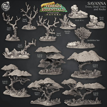 3D Printed Cast n Play Terrain Essentials Nature Savanna Terrain - Trees, Dead Trees and Rocks Set 28mm 32mm D&D (Online Only)