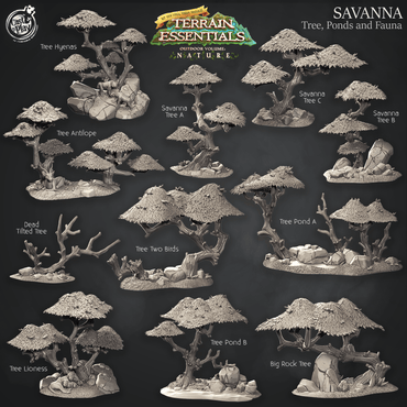 3D Printed Cast n Play Terrain Essentials Nature - Savanna Terrain Trees, Ponds and Fauna Set 28mm 32mm D&D (Online Only)