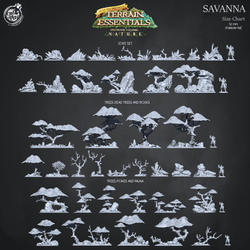 3D Printed Cast n Play Terrain Essentials Nature - Savanna Terrain Trees, Ponds and Fauna Set 28mm 32mm D&D (Online Only)