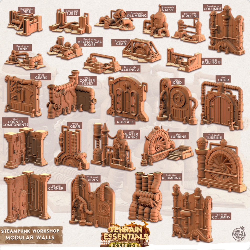 3D Printed Cast n Play Terrain Essentials - Steampunk Workshop Modular Walls 28mm 32mm (Online Only)