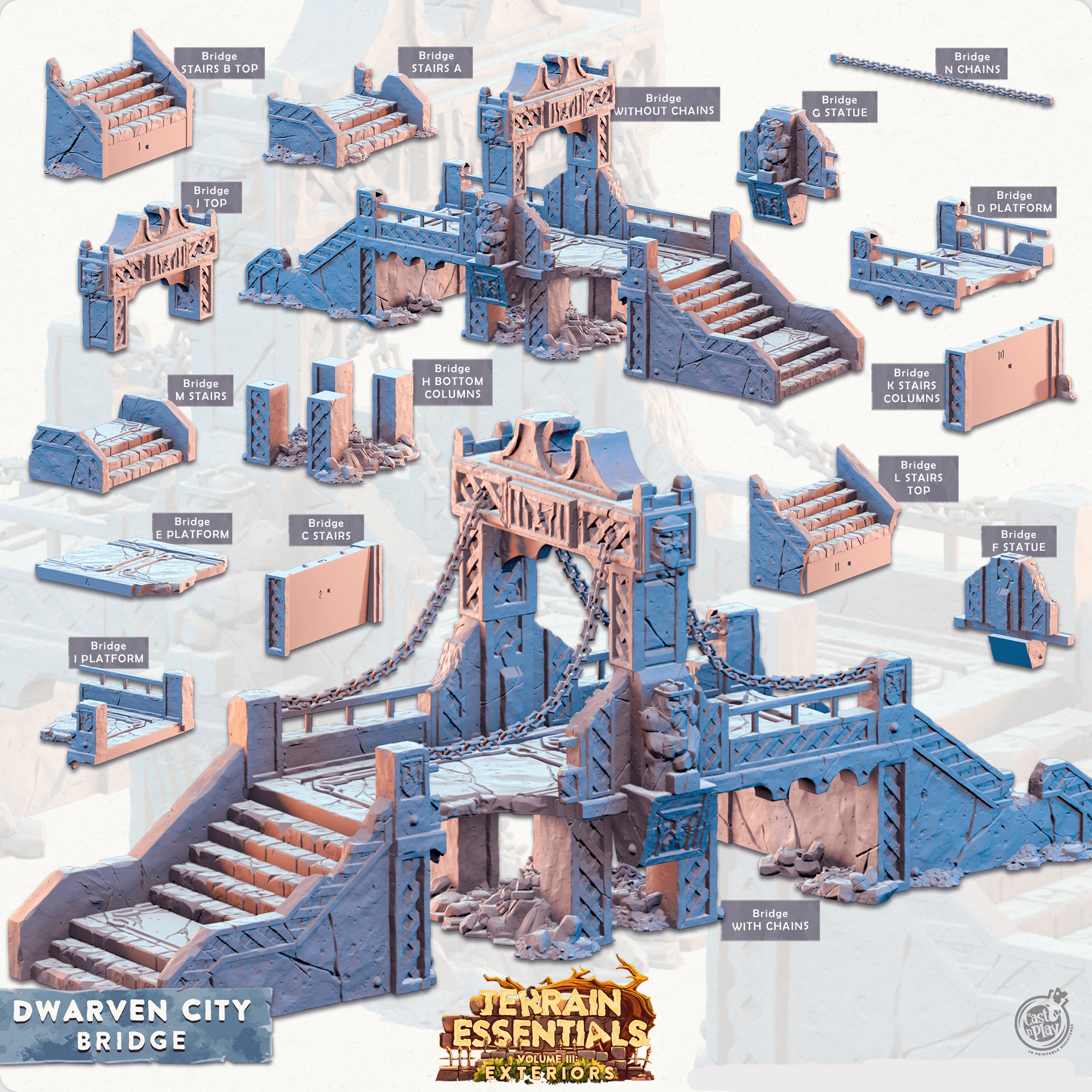 3D Printed Cast n Play Terrain Essentials Vol III Exteriors Dwarven City Set Bridge 28mm 32mm D&D (Online Only)
