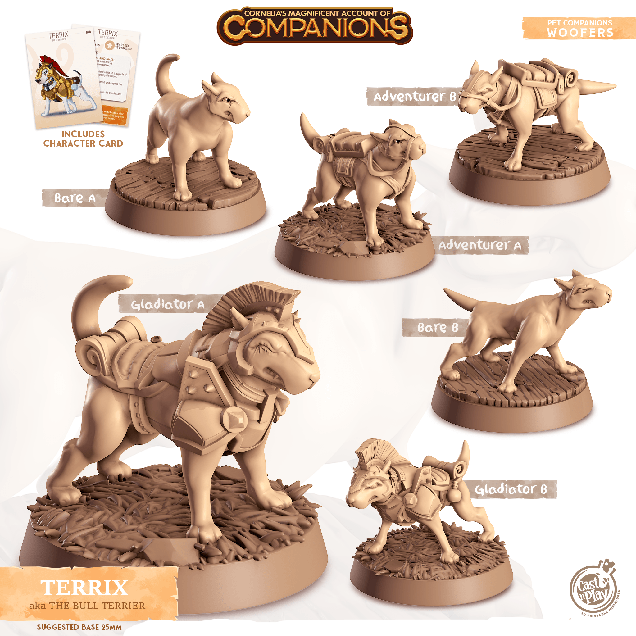 3D Printed Cast n Play Terrix - Bull Terrier Companions 28mm 32mm D&D (Online Only)